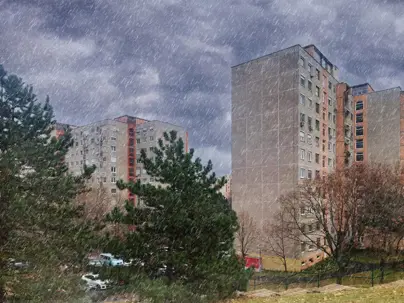 rainy outside an apartment building